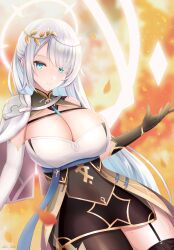 cleavage epic7 female green_eyes hair_ornament huge_breasts long_hair looking_at_viewer magician mole_on_breast outdoor smiling sylvan_sage_vivian_(epic7) vivian_(epic7) white_hair witch