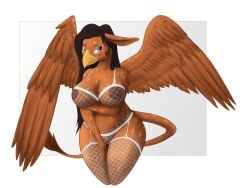 absurd_res anthro areola avian beak belly bestbake big_areola big_breasts blush bra breasts brown_body brown_feathers brown_fur clothing curvaceous curvy_figure dark_nipples eyewear feathered_wings feathers felid female fur garter_belt garter_straps glasses grey_eyes gryphon hair hi_res lingerie long_hair mammal mythological_avian mythology nipples pinup pose slightly_chubby solo tail tail_tuft thick_thighs translucent translucent_clothing tuft underwear voluptuous white_bra white_clothing white_underwear wide_hips wings