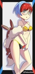 1girls bikini breasts eye_contact game_freak glasses looking_at_viewer nintendo pabs_(pabsmikan) penny_(pokemon) pokemon pokemon_(game) pokemon_sv short_hair small_breasts solo solo_female team_star thighs two_tone_hair