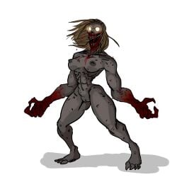 abs areola big_breasts blonde_hair blood blood_on_face blood_on_hand bodily_fluids breasts darkest_dungeon empty_eyes female genitals ghoul ghoul_(darkest_dungeon) glowing glowing_eyes grey_areola grey_body grey_nipples grey_skin hair humanoid muscular muscular_female nightmare_waifu nipples nude open_mouth pussy rule_63 simple_background solo thick_thighs undead unknown_artist white_background wide_hips