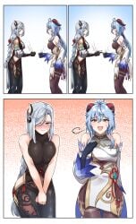 2022 2girls 3koma =3 absurd_res ahoge armpit_crease ass bare_shoulders big_ass black_bodysuit black_gloves blue_eyes blue_hair blush bodysuit braid breast_curtains breast_squeeze breasts clothed clothing comic covering covering_crotch detached_sleeves dulldull elbow_gloves embarrassed eyebrows_visible_through_hair eyes_visible_through_hair female female_only ganyu_(genshin_impact) genshin_impact gloves goat_horns hair_between_eyes hair_ornament hair_over_one_eye highres hip_vent horns jewelry large_breasts long_hair long_ponytail long_sleeves looking_at_hand looking_down multiple_girls open_mouth pantyhose partially_fingerless_gloves ponytail purple_eyes rock_paper_scissors shenhe_(genshin_impact) short_hair side_view sideboob simple_background single_braid skin_tight sleeveless smile standing sweat sweatdrop tassel thighs tied_hair tight_clothing tongue v_arms very_long_hair wide_hips wide_sleeves