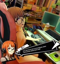 3d angry atlus blender breasts casual caught caught_in_the_act caught_masturbating computer desktop dialogue electronics eye_contact eyewear female glasses human light-skinned_female masturbation meme neet orange_hair pale_skin persona persona_5 petite pov render sakura_futaba small_breasts solo_female text