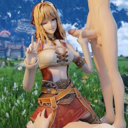 blender blonde_hair clothed clothed_female_nude_male clothed_sex cumskeleton eye_contact female fiora_(xenoblade) handjob light-skinned_female light-skinned_male light_skin male mmf_threesome nintendo peace_sign pussy render reverse_cowgirl_position smile threesome vaginal_penetration xenoblade_(series) xenoblade_chronicles