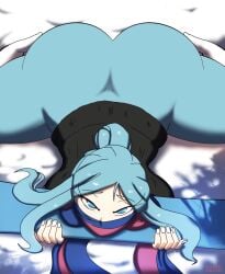 1boy 2022 aqua_hair ass big_ass blue_hair bubble_butt femboy fingernails girly grusha_(pokemon) leggings looking_at_viewer male male_only nintendo pokemon pokemon_sv scarf snow snowboard socks zaviel