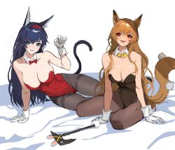 2girls animal_ears aqua_eyes arknights bare_shoulders big_breasts black_pantyhose blaze_(arknights) blue_eyes blue_hair blush bowtie breasts brown_hair bunnysuit cat_ears cat_tail ceobe_(arknights) cleavage collar cuffs embarrassed female female_only gloves hairband hatchet highres jason_kim kneeling legwear leotard light-skinned_female long_hair looking_at_viewer navel_visible_through_clothes nervous open_mouth open_smile pantyhose red_eyes sitting smile sweatdrop tail very_long_hair white_background