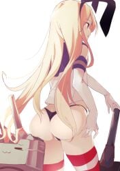 ass ass_cleavage black_panties black_thong blonde_hair blush butt_crack cowboy_shot crop_top elbow_gloves female from_behind gloves hair_between_eyes highleg highleg_panties highres kantai_collection long_hair no_pants no_skirt open_mouth panties rensouhou-chan school_uniform serafuku shimakaze_(kantai_collection) showing_ass simple_background sleeveless striped striped_legwear suwakana thighhighs thighs thong underwear white_background white_gloves yellow_eyes