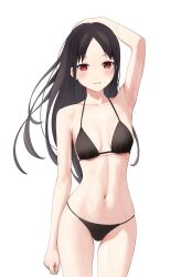 1girls armpits bare_shoulders belly bikini black_bikini black_bra black_hair black_panties black_swimsuit black_underwear blush bra breasts calm cleavage collarbone coro_fae embarrassed female female_only hand_on_head hand_up highres kaguya-sama_wa_kokurasetai_~tensai-tachi_no_renai_zunousen~ legs light-skinned_female long_hair looking_at_viewer midriff navel panties red_eyes shinomiya_kaguya small_breasts smile solo standing stomach sweat sweating swimsuit thighs underwear waist wet white_background