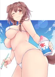 ;) ;3 amane_hasuhito animal_ears bangs bare_shoulders bikini blush bone_hair_ornament braid breasts brown_eyes brown_hair brown_tail closed_mouth cup disposable_cup dog_ears dog_girl dog_tail drinking_straw female hair_between_eyes hair_ornament highres holding holding_cup holding_drinking_straw hololive hololive_gamers hololive_japan inugami_korone large_breasts letterboxed long_hair looking_at_viewer low_twin_braids micro_bikini navel non-web_source one_eye_closed outside_border pink_nails shaved_ice side_braids sideboob smile solo spoon_straw stomach strap_gap string_bikini swimsuit tail twin_braids underboob virtual_youtuber white_bikini