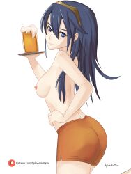 1girls alcohol ass back bare_back bare_thighs beer big_ass blue_eyes blue_hair breasts female female_only fire_emblem fire_emblem_awakening hooters long_hair looking_at_viewer looking_back lucina_(fire_emblem) nintendo nipples shorts small_breasts solo splooshiemon symbol-shaped_pupils thighs tiara topless waitress