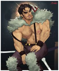 1boy abs arm_hair bara beowulf beowulf_(skullgirls) big_areola big_arms big_nipples big_pecs bulge bulge_through_clothing chest_hair ecleto hairy large_pectorals male_only muscle muscles muscular muscular_male nipples sitting skullgirls solo_focus solo_male thick_arms wrestler wrestling_ring