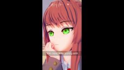 animated animation bored bored_expression bow brown_hair doki_doki_literature_club green_eyes mashirosolera monika_(doki_doki_literature_club) no_panties no_sound peace_sign pussy spread_legs spreading_legs tagme text video white_bow white_text