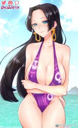 1girls big_breasts black_hair boa_hancock female female_only light-skinned_female long_hair one_piece purple_bikini purple_swimsuit rhoarietis solo solo_female