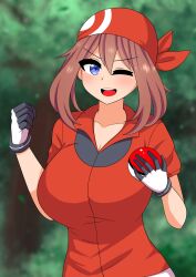 bandana big_breasts blue_eyes breasts brown_hair busty creatures_(company) female forest game_freak highres huge_breasts large_breasts may_(pokemon) nature nintendo one_eye_closed open_mouth poke_ball pokemon pokemon_(game) pokemon_rse red_shirt shirt smile solo the_only_shoe