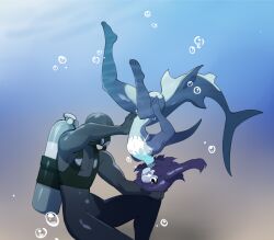 anthro anus ass clothing diving_mask duo femboy fish food get_rotated girly ground_shark hammerhead_shark hammie_(nedoiko) hi_res male male_only marine mask meme nedoiko scuba scuba_diver scuba_gear shark shark_boy shitpost swimming swimwear underwater water