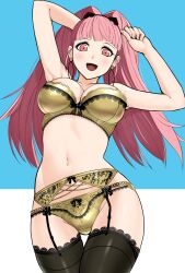 1girls :d absurdres aegis_(nerocc) arms_up bangs bare_arms bare_shoulders black_bow black_thighhighs blue_background blunt_bangs bow bow_bra bow_panties bra breasts cleavage cowboy_shot earrings female female_only fire_emblem fire_emblem:_three_houses fringe garter_belt garter_straps gold_panties hair_ornament heart heart_hair_ornament highres hilda_valentine_goneril hoop_earrings jewelry lace-trimmed_bra lace-trimmed_legwear lace-trimmed_panties lace_trim large_breasts lingerie long_hair looking_at_viewer navel nintendo open_mouth pale-skinned_female panties petite pink_eyes pink_hair ponytail red_eyes smile solo stomach thigh_gap thighhighs twintails two-tone_background underwear underwear_only viewed_from_below white_background yellow_bra yellow_panties