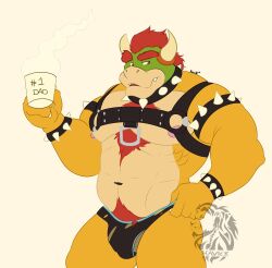 1boy 2022 abs anthro armband balls bara barely_visible_balls barely_visible_genitalia big_muscles body_hair bowser bowser_day bracelet bulge chest_hair claws clothing coffee_mug collar daddy english_text eyebrows furry genitals hair happy_trail harness havick_(artist) holding_mug holding_object horn jewelry koopa male male_only mario_(series) mug muscular muscular_anthro muscular_male navel nintendo nipples non-mammal_balls non-mammal_nipples number obliques pecs pubes scalie simple_background smile solo spiked_armband spiked_bracelet spiked_collar spikes standing text thong underwear video_games watermark white_background