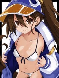 1girls belly_button bikini bikini_bottom bikini_top brown_eyes brown_hair disgaea disgaea_4 female fuka_kazamatsuri iwasi_r jacket light_skin looking_at_viewer nippon_ichi_software open_jacket small_breasts solo solo_female visor_cap