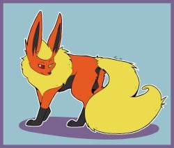 anus balls belly black_belly black_paws border eeveelution feral flareon fuegodelalma fyre genitals heterochromia male nintendo pokémon_(species) pokemon purple_border solo video_games