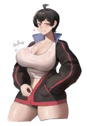 big_breasts breasts coat curvaceous curves curvy curvy_body curvy_female curvy_figure ear ethan69_(artist) hands_in_pockets huge_breasts jacket kim_(ethan69) large_breasts red_eyes reverse_trap seductive seductive_look seductive_smile shirt short_hair smile sweat sweating sweaty thick thick_thighs thighs tight_clothing tight_shirt tomboy turtleneck turtleneck_jacket unzipped unzipping very_short_hair