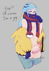 1boy balls big_balls big_penis blush english_text erection eye_contact femboy game_freak gloves grey_background grusha_(pokemon) horny light-skinned_male light_skin looking_at_viewer male male_only nintendo pants_down penis pokemon pokemon_sv scarf solo solo_male text tingtongten undressing visible_breath