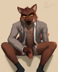 2021 anthro artist_name canid canine canis clothing dreamworks footwear fur genitals heart_underwear hi_res looking_at_viewer male male_focus male_only mammal masturbation mr._wolf_(the_bad_guys) penis rov signature sitting smile socks solo suit the_bad_guys underwear wolf