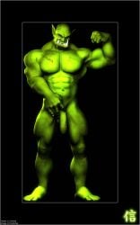 3d_(artwork) abs balls digital_media_(artwork) flaccid fuzzy-yak genitals green_body green_skin holding_penis humanoid humanoid_genitalia humanoid_penis looking_at_viewer male male_only muscular muscular_male nipples nude orc orc_male pecs penis pose scar solo trassk tusks