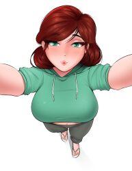 arms_up belly_button blush breasts commission crop_top feet flip_flops fraankyy green_eyes green_hoodie hoodie large_breasts lipstick looking_at_viewer looking_up original red_hair sandals selfie standing sweatpants toe_ring toes white_flip_flops