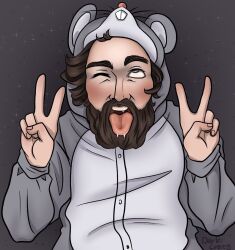 1boy ahe_gao bebey_(streamer) brown_beard brown_hair dark_crazy double_peace_sign fursuit gray_eyes male male_only pajamas rat_costume solo деградач мышич