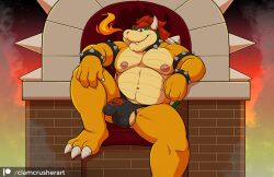 2022 accessory anthro armband balls bara belly big_bulge big_muscles black_background bowser bowser_day bracelet breath_powers bulge chair clamcrusher claws clothed clothing cock_ring collar elemental_manipulation erection erection_under_clothing eyebrows fire fire_breathing fire_manipulation furniture genitals hair hi_res horn jewelry koopa looking_at_viewer male male_only mario_(series) musclegut muscular muscular_anthro muscular_male narrowed_eyes navel nintendo nipples non-mammal_balls non-mammal_nipples patreon pecs penis penis_accessory penis_jewelry scalie shell simple_background sitting smile solo spiked_armband spiked_bracelet spiked_collar spiked_shell spikes spikes_(anatomy) teeth tenting text thong throne underwear url video_games