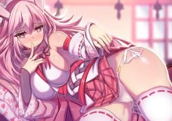 1girls bangs bare_shoulders blurry blurry_background breasts closed_eyes female heart heart-shaped_pupils honkai_(series) honkai_impact_3rd indoors japanese_clothes lao_meng large_breasts long_hair looking_at_viewer miko panties pink_eyes pink_hair pink_skirt pussy_juice skirt smile solo string_panties symbol-shaped_pupils thighhighs underwear white_panties white_sleeves white_thighhighs yae_sakura yae_sakura_(gyakushinn_miko)