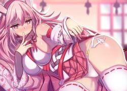 animal_ears bangs bare_shoulders blurry blurry_background breasts closed_eyes female female fox_ears heart heart-shaped_pupils honkai_(series) honkai_impact_3rd indoors japanese_clothes lao_meng large_breasts long_hair looking_at_viewer miko panties pink_eyes pink_hair pink_skirt skirt smile solo string_panties symbol-shaped_pupils thighhighs underwear white_panties white_sleeves white_thighhighs yae_sakura yae_sakura_(gyakushinn_miko)