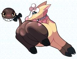 anus ass black_body blue_eyes borky-draws female feral genitals girafarig hi_res looking_at_viewer nintendo pokémon_(species) pokemon pussy simple_background smile solo video_games white_background yellow_body