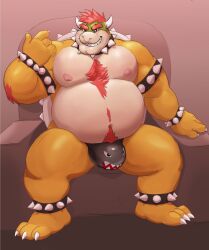 2022 absurd_res anklet anthro armband barazoku beckoning belly biceps big_belly big_bulge big_muscles bin_(artist) body_hair bowser bracelet brown_background bulge bullet_bill_underwear chair chest_hair claws clothing collar eyebrows furniture gesture hair happy_trail hi_res horn inviting jewelry koopa legband looking_at_viewer male male_focus male_only mario_(series) musclegut muscular muscular_anthro muscular_male navel nintendo nipples non-mammal_nipples overweight overweight_anthro overweight_male pecs pubes scalie shell simple_background sitting smile solo spiked_anklet spiked_armband spiked_bracelet spiked_collar spiked_legband spiked_shell spikes spikes_(anatomy) teeth thick_thighs thong underwear video_games