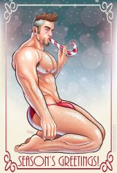 1boy 2d body_hair brown_eyes brown_hair candy_cane christmas class_comics facial_hair goatee hairy_male human intact long_foreskin male male_nipples male_only male_pubic_hair male_thong masculine mature_male mostly_nude_male muscles muscular muscular_male patrick_fillion pecs penis penis_out penis_outline solo trip_(class_comics) unretracted_foreskin white_streak