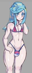 1boy bikini blue_eyes blue_hair blush bulge crossdressing eye_contact femboy game_freak grusha_(pokemon) long_hair looking_at_viewer male male_only nintendo pokemon pokemon_(game) pokemon_sv solo solo_male standing thick_thighs thong vithroil