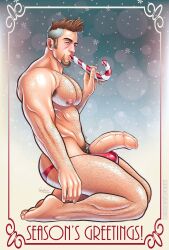 1boy 2d balls_outline big_penis body_hair brown_eyes brown_hair candy_cane christmas class_comics cock_ring facial_hair foreskin foreskin_folds goatee hairy_male human intact long_foreskin male male_nipples male_only male_pubic_hair male_thong masculine mature_male mostly_nude_male muscles muscular_male patrick_fillion pecs penis penis_out solo trip_(class_comics) uncut unretracted_foreskin veiny_penis white_streak