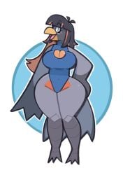 beak big_breasts bird black_hair blue_eyes breasts brown_hair cleavage cleavage_cutout clothed clothing dogfluid female grey_body pear_shaped short_hair solo solo_female swimsuit wide_hips