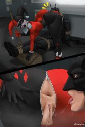 1boy 1boy1girl 1girls anus ass ass_focus ass_grab asshole batman batman_(series) comic dc_comics female femdom forced forced_oral full_body harley_quinn harley_quinn_(classic) lustysun male rimjob rimming spread_anus spread_ass spreading standing tongue_out