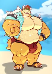 2022 aloha_shirt anthro armband bara barazoku beach beckoning belly biceps big_belly big_bulge big_muscles big_pecs bowser bowser_day bulge claws clock clothed clothing cloud eyebrows footwear gesture hair hi_res horn huge_muscles huge_thighs koopa looking_at_viewer male male_only mario_(series) musclegut muscular muscular_anthro muscular_male nintendo open_clothing open_mouth open_shirt open_smile open_topwear outside pattern_clothing pattern_shirt pattern_topwear pecs quads sand sandals scalie seaside shell shenaniwhagons shirt sky smile solo speedo spiked_armband spiked_shell spiked_tail spiked_watch spikes spikes_(anatomy) standing swimwear teeth text thick_thighs topwear url video_games watch water