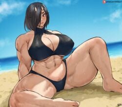 1girls batako bbw beach big_breasts black_hair breasts curvy elf-san_wa_yaserarenai female female_only hair_over_one_eye horns huge_breasts humanoid looking_at_viewer mature medium_hair muscles muscular muscular_female oga oni oni_horns outdoors pale-skinned_female pale_skin pink_lips pointy_ears purple_eyes sand seaside short_hair sitting smiling_at_viewer solo solo_female swimsuit thick_thighs voluptuous wide_hips