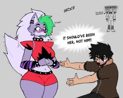 1girls 2022 2boys 2d 2d_(artwork) 2d_artwork akibarx big_breasts breasts dialogue female five_nights_at_freddy's five_nights_at_freddy's:_security_breach fnaf meme roxanne_wolf_(fnaf) scottgames steel_wool_studios tagme text