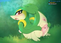 anus bodily_fluids breasts female genital_fluids genitals hi_res jadenarts nintendo pokemon pokemon_(species) pussy pussy_juice snivy solo video_games