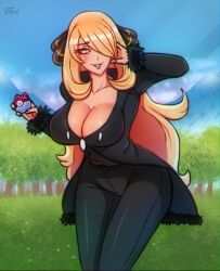 blonde_female blonde_hair breasts clothed clothed_female cynthia_(pokemon) game_freak hair_over_one_eye light-skinned_female light_skin long_hair pokeball pokemon pokemon_dppt qthead smiling thighs voluptuous