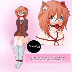 arms_behind_back ball_gag ball_gagged blue_eyes bondage bow cat_ears ddlc_text_box dice-kgg doki_doki_literature_club gag gagged gagged_female glasses looking_at_viewer neko no_skirt orange_hair panties pink_panties red_bow red_rope rope sayori_(doki_doki_literature_club) school_uniform source_request text text_box uniform unknown_source