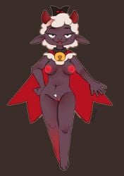 anthro bell bell_collar big_breasts bovid breasts caprine casual collar cult cult_of_the_lamb evil_grin female glowing_nipples headwear hi_res humanoid lamb_(cult_of_the_lamb) looking_at_viewer mammal nipples outerwear sheep smile solo zowato