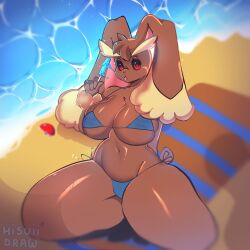 1girls beach beach_towel big_breasts bikini black_sclera breasts female furry game_freak hisuiidraws lopunny midriff nintendo pokémon_(species) pokemon pokemon_(species) pokemon_dppt popsicle rabbit red_eyes tagme thick_thighs wide_hips