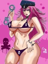 1girls big_breasts bikini blue_eyes bracelet capcom collar connerhead cuff_(restraint) cuffs female female_only final_fight hand_cuffs hand_on_hip handcuffs long_hair looking_at_viewer mascara nail_polish pink_background pink_hair pink_lips pink_lipstick pink_nails poison_(final_fight) skull_bikini solo solo_female street_fighter thick_thighs thunder_thighs tiny_bikini