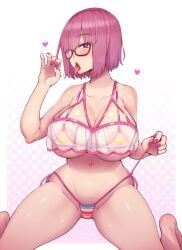 1girls 2022 abubu alternate_costume bikini breasts fate/grand_order fate_(series) fellatio_gesture female female_only glasses hair_over_one_eye heart-shaped_pupils hips huge_breasts kneeling mash_kyrielight naughty_face official_alternate_costume open_mouth pink_hair purple_eyes short_hair slim_waist striped_bikini suggestive_gesture suggestive_look swimsuit thick_thighs thighs tongue tongue_out wide_hips