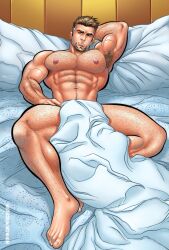 1male abs armpit_hair chest_hair class_comics facial_hair hairy laying_on_bed male male_focus male_only muscular muscular_male patrick_fillion pecs solo solo_male trip_(class_comics) veiny_arms