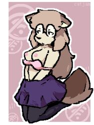 anthro bottomwear bra breasts brown_body brown_fur canid canine catjam_(artist) clothed clothing eyewear female fur glasses karina_(catjam) kneeling mammal masturbation partially_clothed skirt solo tan_body tan_fur underwear